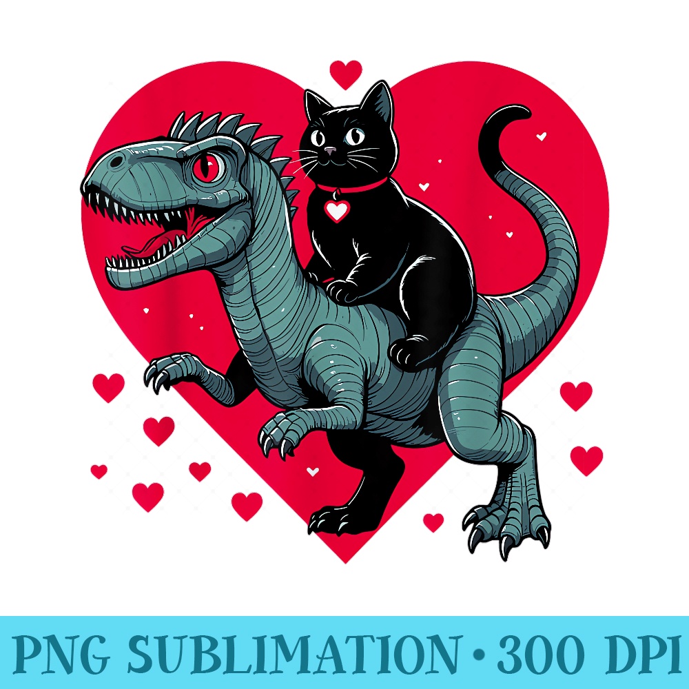 Cute Black Cat Riding Dinosaur Valentines Day Heart - Trendy PNG Designs - Unique And Exclusive Designs