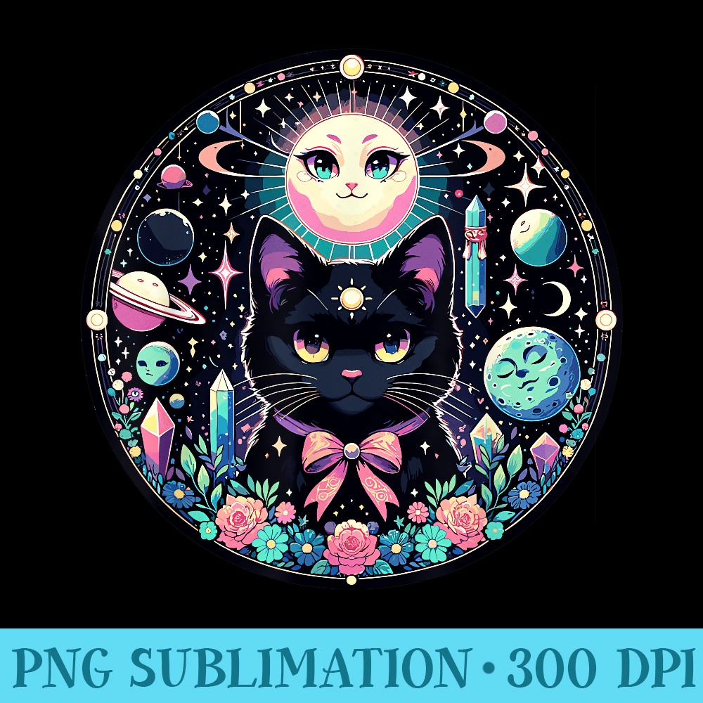 Moon Phases Crystal Witchy Cute Black Cat Kawaii Pastel Goth - Ready To Print PNG Designs - Perfect for Sublimation Art