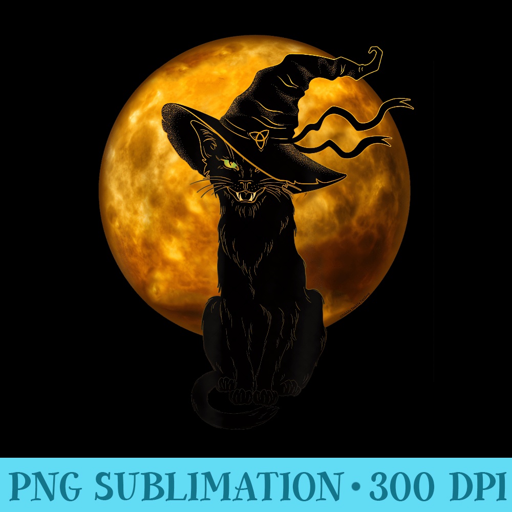 Scary Vintage Black Cat with Witch Hat Full Moon Halloween - Trendy PNG Designs - Lifetime Access To Purchased Files