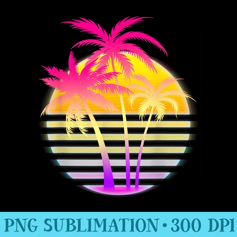 Retro 1980s 1990s Vaporwave Palm Trees Beach Surf Sunset Art - High Resolution PNG Designs - Create with Confidence