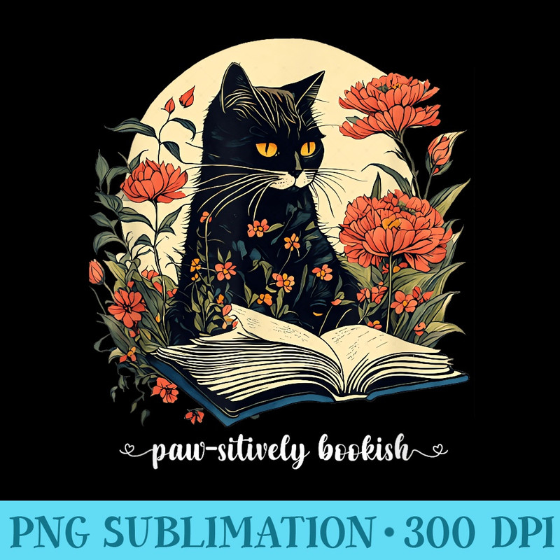 Pawsitively black cat reading a book in a field of flowers - High Resolution PNG Designs - Perfect for Personalization
