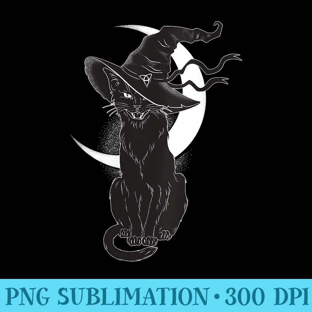 Womens Vintage Scary Halloween Black Cat Witch Hat Moon - PNG Clipart - Bold & Eye-catching