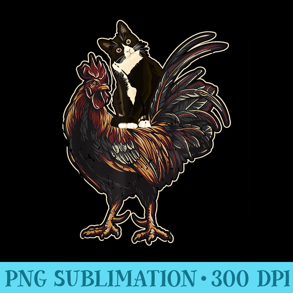 Black Cat Riding a Chicken Rooster Funny Animal Farming - Unique PNG Artwork - Boost Your Success with this Inspirational PNG Download