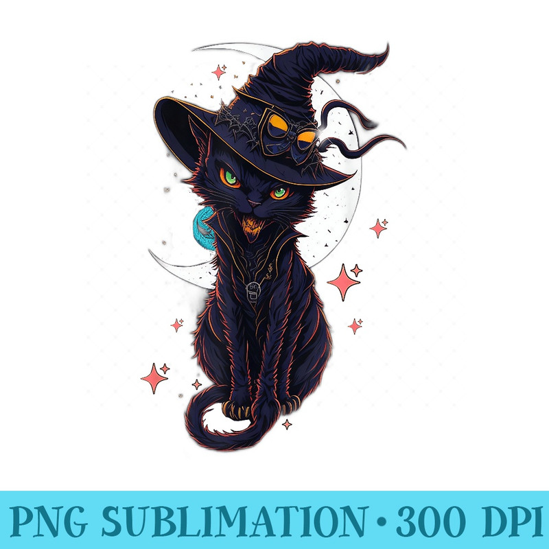 Vintage Scary Halloween Black Cat Witch Hat Moon - Exclusive PNG designs - Unlock Vibrant Sublimation Designs