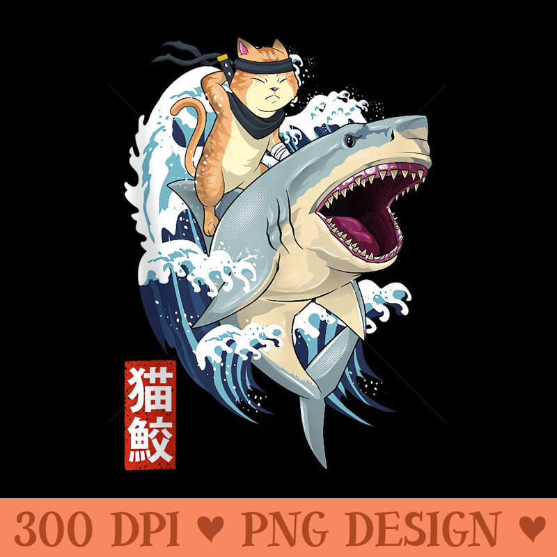 Samurai Cat Retro Ninja Japanese Cat Shark Kanagawa - High Resolution PNG download - Enhance Your Apparel