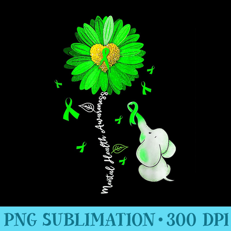 Mental Health Awareness Sunflower Green Ribbon Elephant - Transparent Shirt Design - Revolutionize Your Designs
