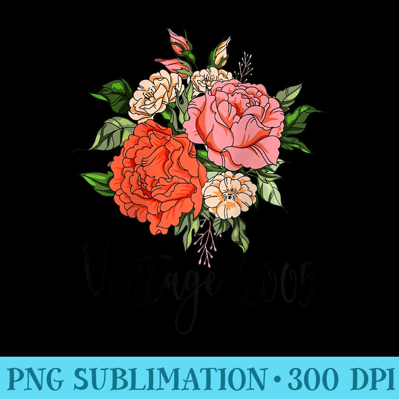 Womens 19th Birthday Women Vintage 2005 Cute Rose Carnation Flower Raglan Baseball - Digital PNG Artwork - Revolutionize Your Designs