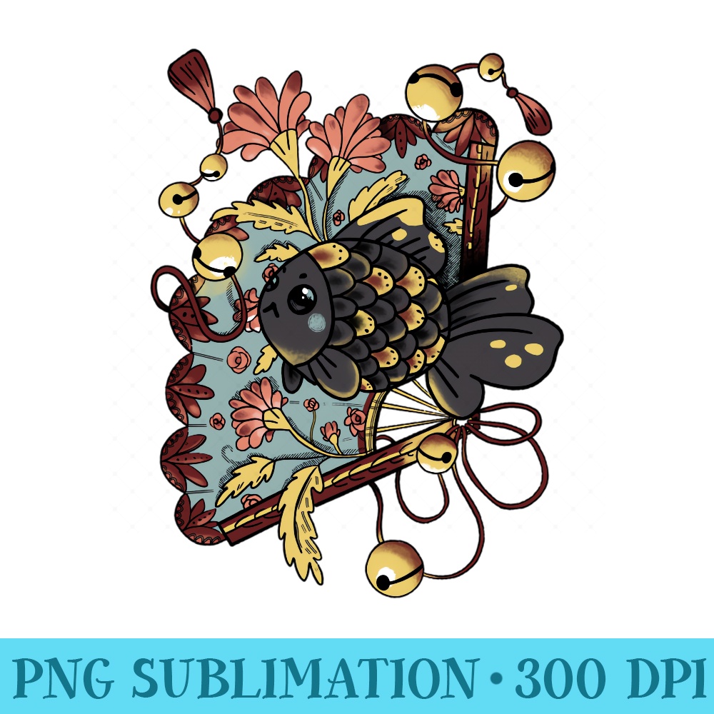 Black Goldfish With Folding Fan and Pink Carnation Flowers - Ready To Print PNG Designs - Defying the Norms