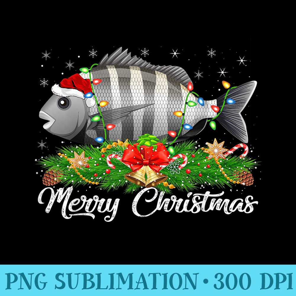 Fishing Lover Matching Santa Hat Sheepshead Fish Christmas - Shirt Design PNG - Enhance Your Apparel with Stunning Detail