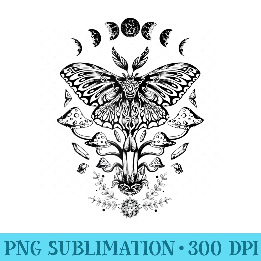 Cottagecore Mushroom Grunge Goth Moth Moon Phases Goblincore Raglan Baseball - Download High Resolution PNG - Unique And Exclusive Designs