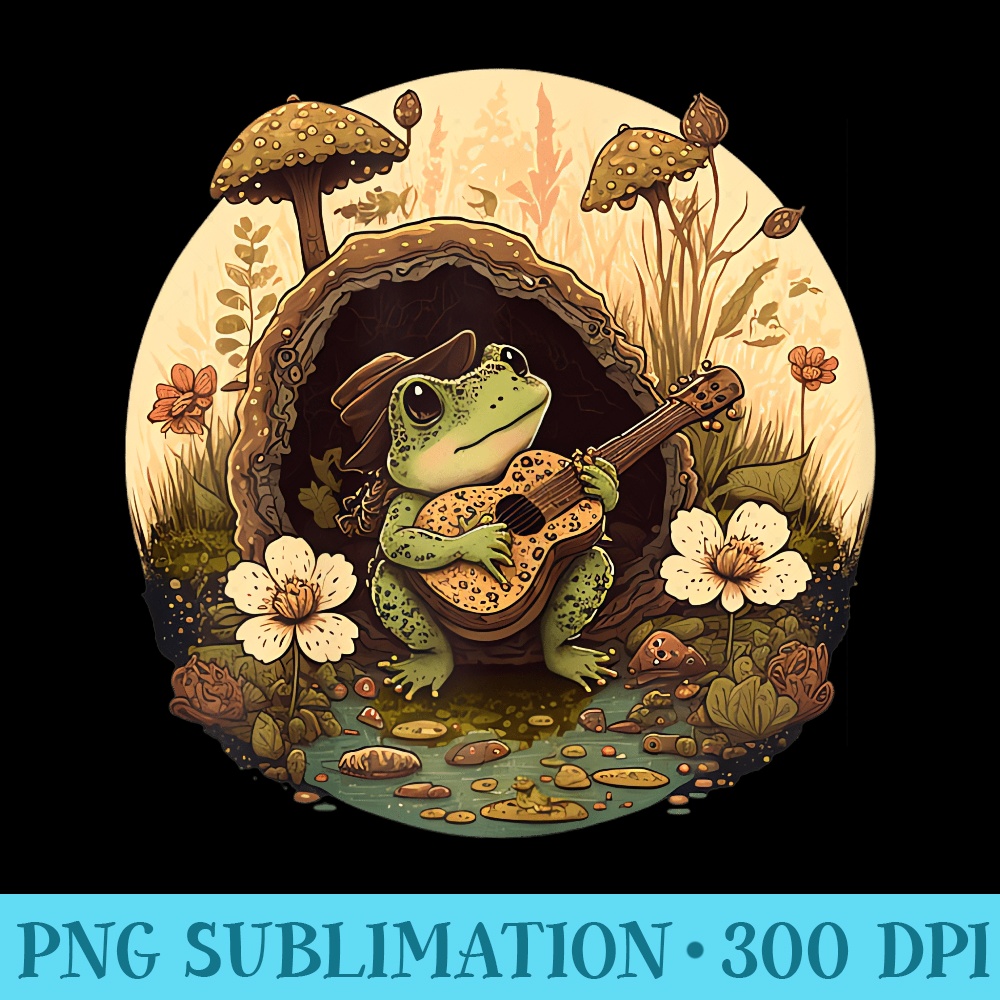 Frog Playing Banjo On Log Cottagecore Goblincore Mushroom - Digital PNG Artwork - Eco Friendly And Sustainable Digital Products