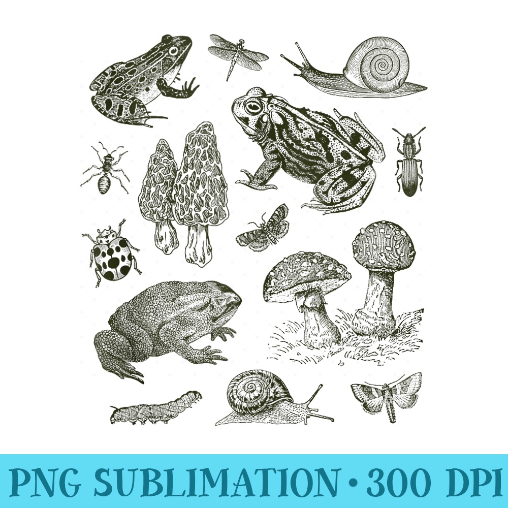Frog Mushroom 90s Vintage Dark Academia Aesthetic Biology - PNG Download Template - Unique And Exclusive Designs