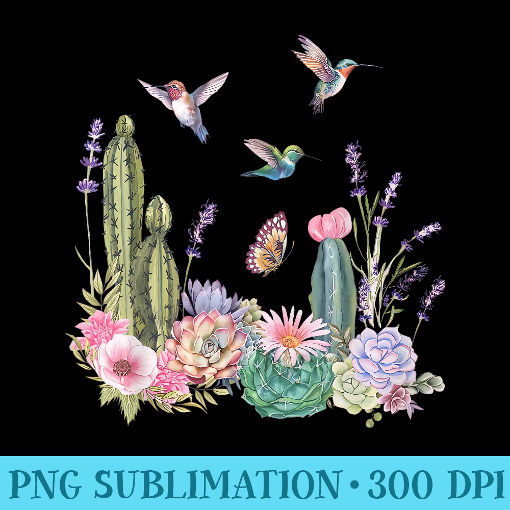 Vintage Cactus Flowers Hummingbird Nature Floral Gardening - PNG Download Illustration - Unleash Your Creativity