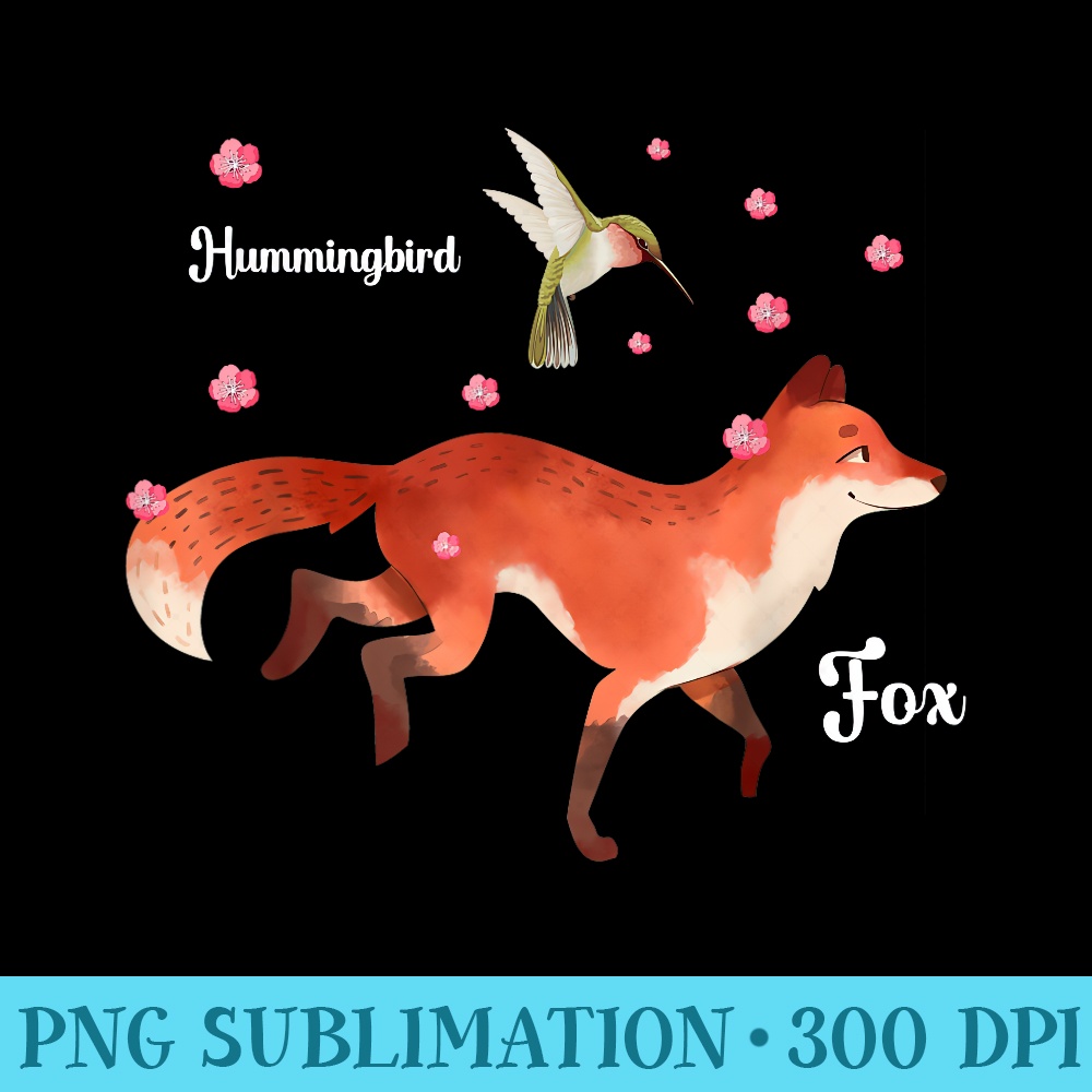 The Cute Fox And Hummingbird Cherry Blossom Flower Present - PNG Download Transparent Background - Spice Up Your Sublimation Projects