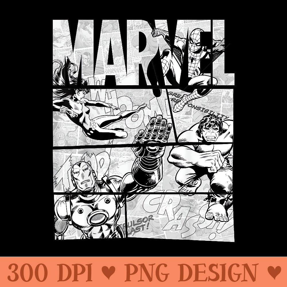 Marvel Avengers Retro Black and White Comic Graphic Short Sleeve - PNG Design Files - Lifetime Access To Purchased Files