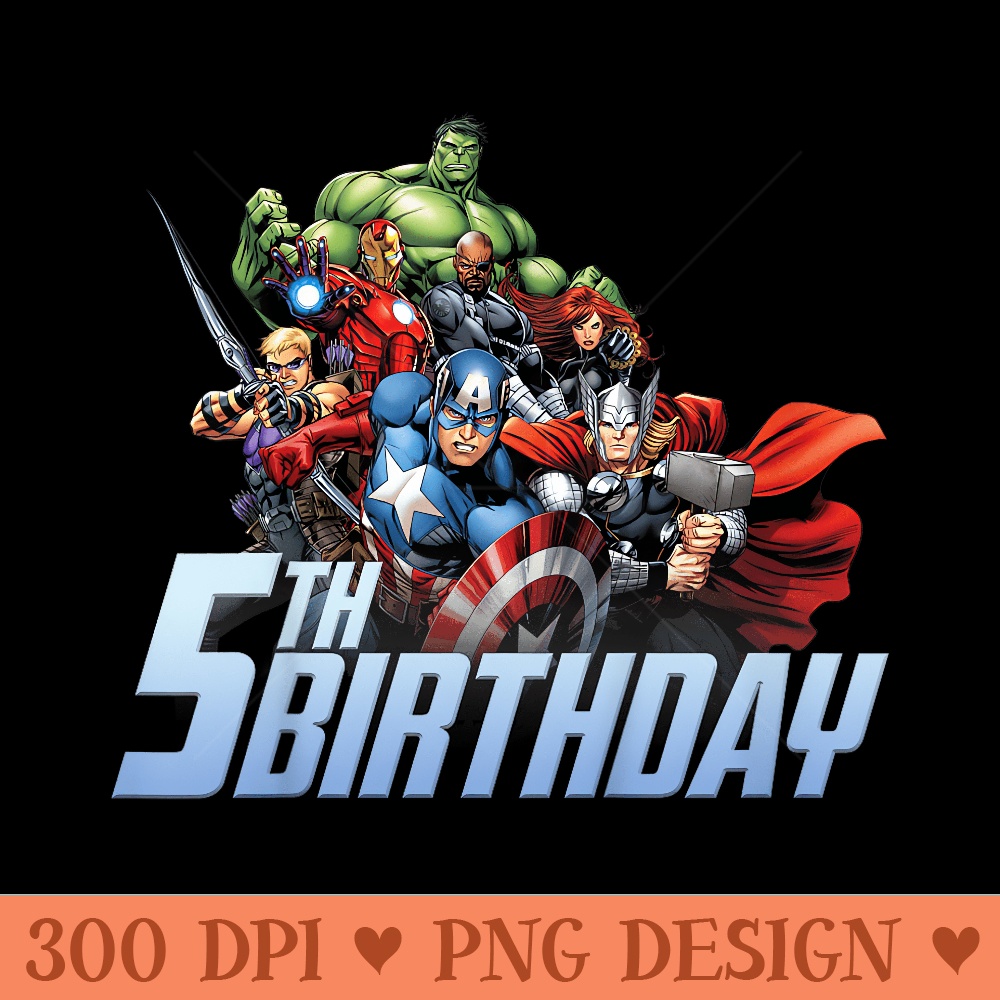 Marvel Comics Classic Happy 5th Birthday Avengers Assemble - High Quality PNG download - Perfect for Sublimation Mastery