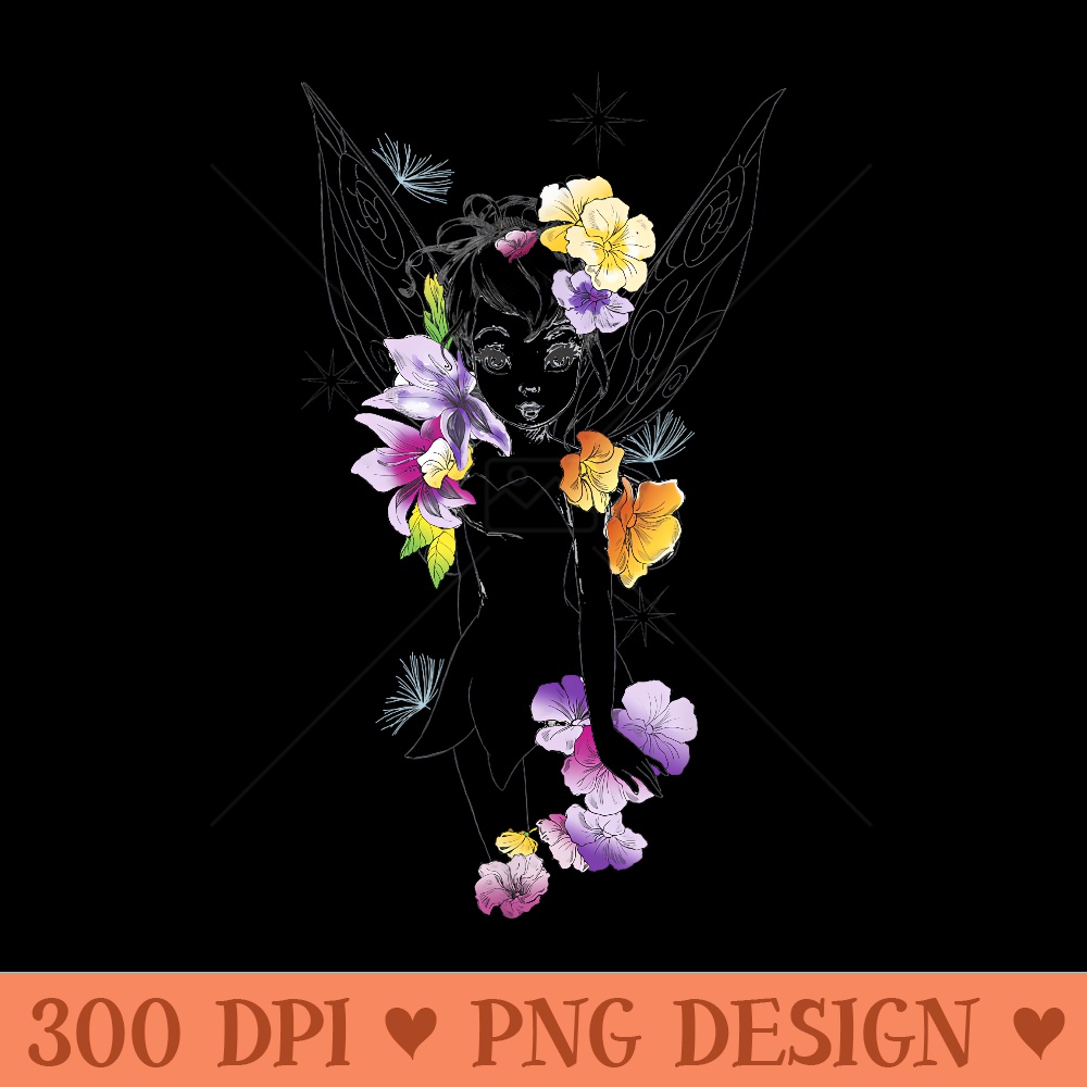 Disney Peter Pan Tinker Bell Outline Floral Sketch Portrait - PNG download - Spice Up Your Sublimation Projects