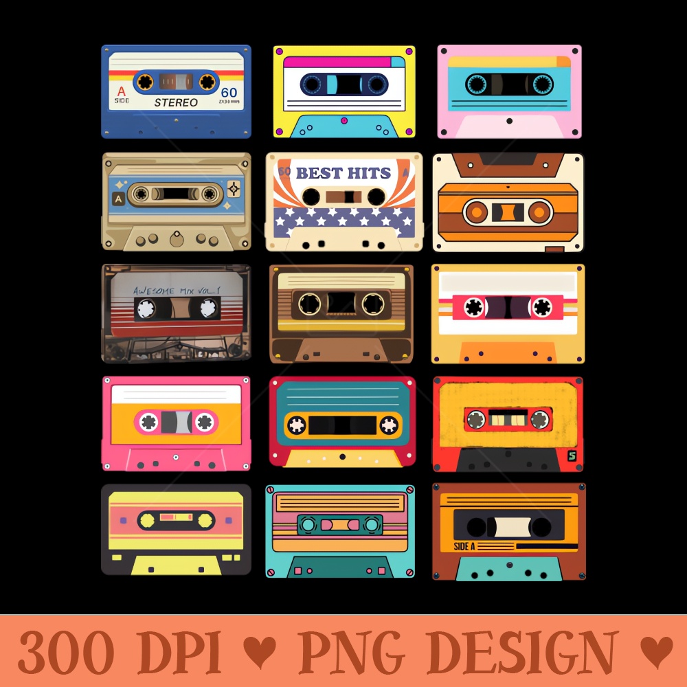 8s Retro Cassette Tape - High Quality PNG Artwork - Vibrant and Eye-Catching Typography