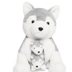 Dog Stuffed Animal 16" Husky with 2 Cute Baby Puppy, Gray and White -Husky