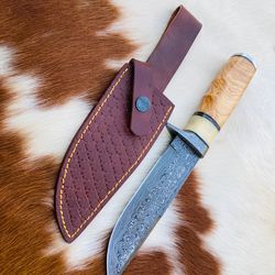 Beautiful Handmade Damascus hunting knife with leather sheath "Premium Damascus Hunting Knife - Top Seller for Outdoor’’