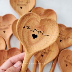 Wooden Heart Spoon Personalized Gifts for Mom on Mother Day, Engraved Spoon Custom Kitchen Gift Utensils