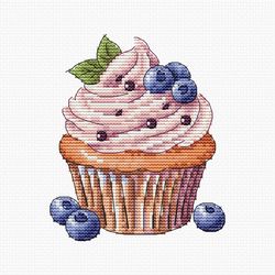 Blueberry Cupcake Cross Stitch Pattern - Summer Berries Counted Cross Stitch Tutorial - Sweets Embroidery Design