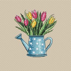 Tulips Cross Stitch Pattern - Spring Flowers Counted Cross Stitch Tutorial - Bouquet Embroidery Design