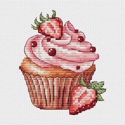 Strawberry Cupcake Cross Stitch Pattern - Summer Berries Counted Cross Stitch Tutorial - Sweets Embroidery Design