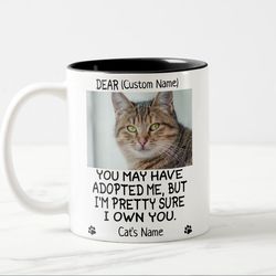 funny dear cat, personalized cat's photo and name two-tone coffee mug