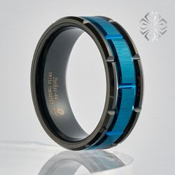 8mm Blue/black Brick Pattern Groove Center Surface Brushed Finish Tungsten Ring