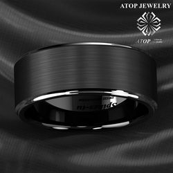 8mm Tungsten Ring Black Brushed Silver Stripe Wedding Band ATOP Men's Jewelry