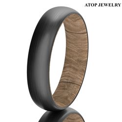 6mm Black Tungsten Whiskey Barrel Wood Brushed Men Wedding Band Ring ATOP Jewelry