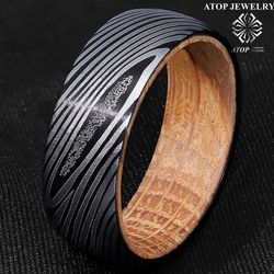8 mm Men's Black Damascus Steel with Whiskey Barrel Wood Sleeve Wedding Band Ring