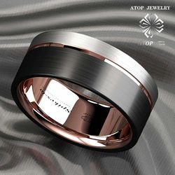 ATOP Tungsten Carbide Men's Ring Brushed Rose Gold Black Wedding Band