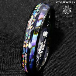 6 mm Black Tungsten Ring Hawaiian Opal and Abalone Inlay Men ATOP Wedding Band