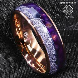 8 mm Rose Gold Tungsten Ring Purple Agate Meteorite Arrow ATOP Men Wedding Band