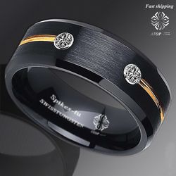 New Black Brushed Tungsten Ring Gold Grooved Line Diamond ATOP Men Bridal Band
