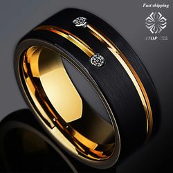 8 mm Black Brushed Tungsten Ring Gold Grooved Line Diamond ATOP Men Wedding Band