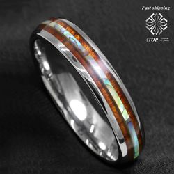 6 mm Tungsten carbide ring Koa Wood Abalone ATOP Wedding Band Ring Men Jewelry