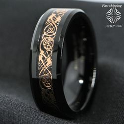 8 mm Black Tungsten Carbide Ring Rose Gold Celtic Dragon comfort fit Mens Jewelry