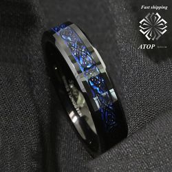 6 mm Tungsten Carbide Ring Black Celtic Dragon Blue Carbon Fibre Mens Jewelry