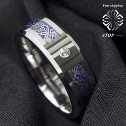 8 mm CZ Silver Celtic Dragon Tungsten Carbide Ring Wedding Band Men Jewelry