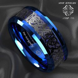 8 mm Blue Tungsten Carbide Ring Celtic Dragon Blue Carbon Fibre Men's Jewelry