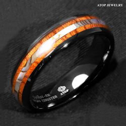 8 mm Black Tungsten Carbide Ring Acacia Abalone Top Wedding Ring ATOP Jewelry