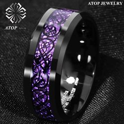 8 mm Black Tungsten Purple Carbon Fiber Wedding Band Ring ATOP Jewelry