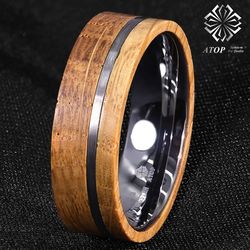8 mm Tungsten Ring With Whiskey Barrel Wood Brushed Stripe ATOP Men Wedding Ring