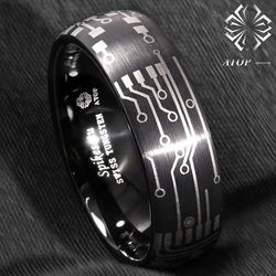 Dome Brushed Black Tungsten Carbide Ring Laser Circuit Board ATOP Men Jewelry