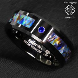 8 mm Black Tungsten Ring Blue Diamond Colored glaze Inlay ATOP Men's Jewelry Customized Jewelry