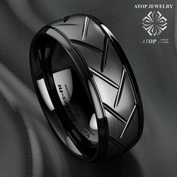 8 mm Dome Black Warrior Brushed Center Tungsten Ring Bridal Band ATOP Men Jewelry