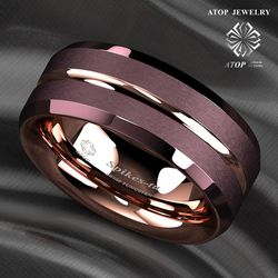 8 mm Brushed Brown Tungsten Mens Ring Rose Gold Groove Stripe ATOP Wedding Band